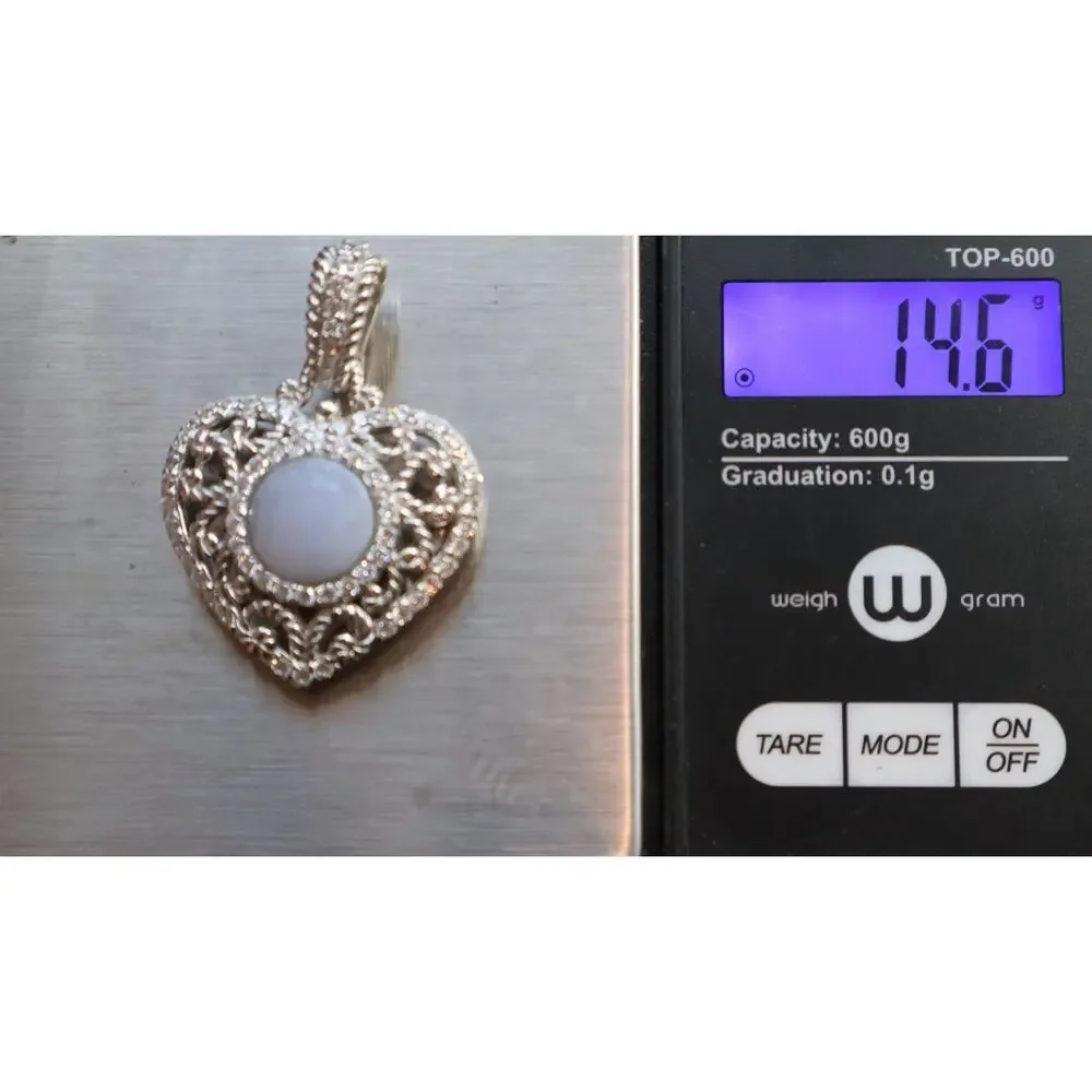 Judith Ripka Sterling Silver Chalcedony & Cz Heart Pendant 14.6G / 1.5in - Picture 5 of 5